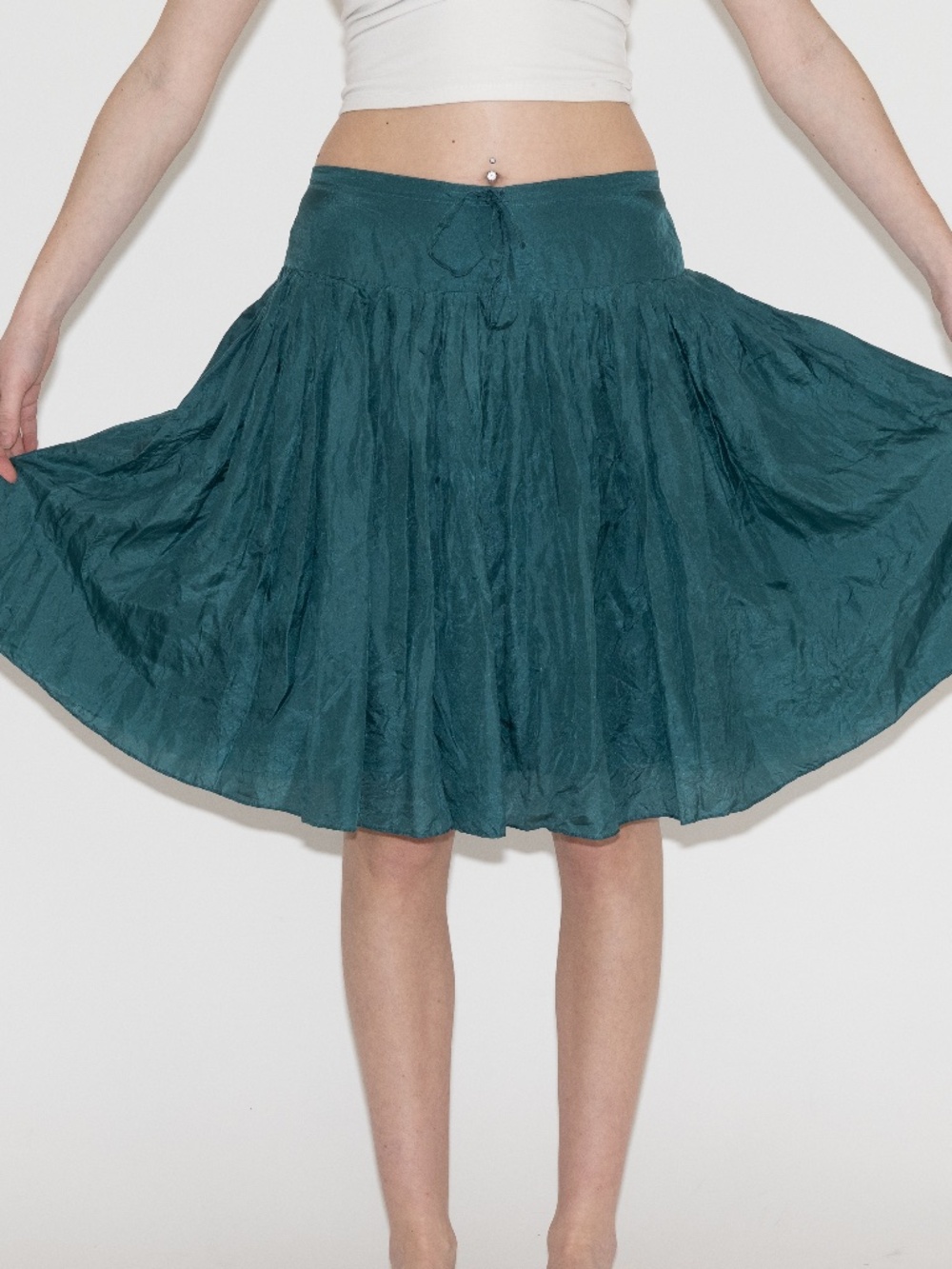 Y2k silk drop waist skirt green size small odille tie waist